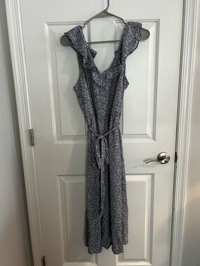 Lands' End Navy and White Floral Maxi Dress with Tie Waist